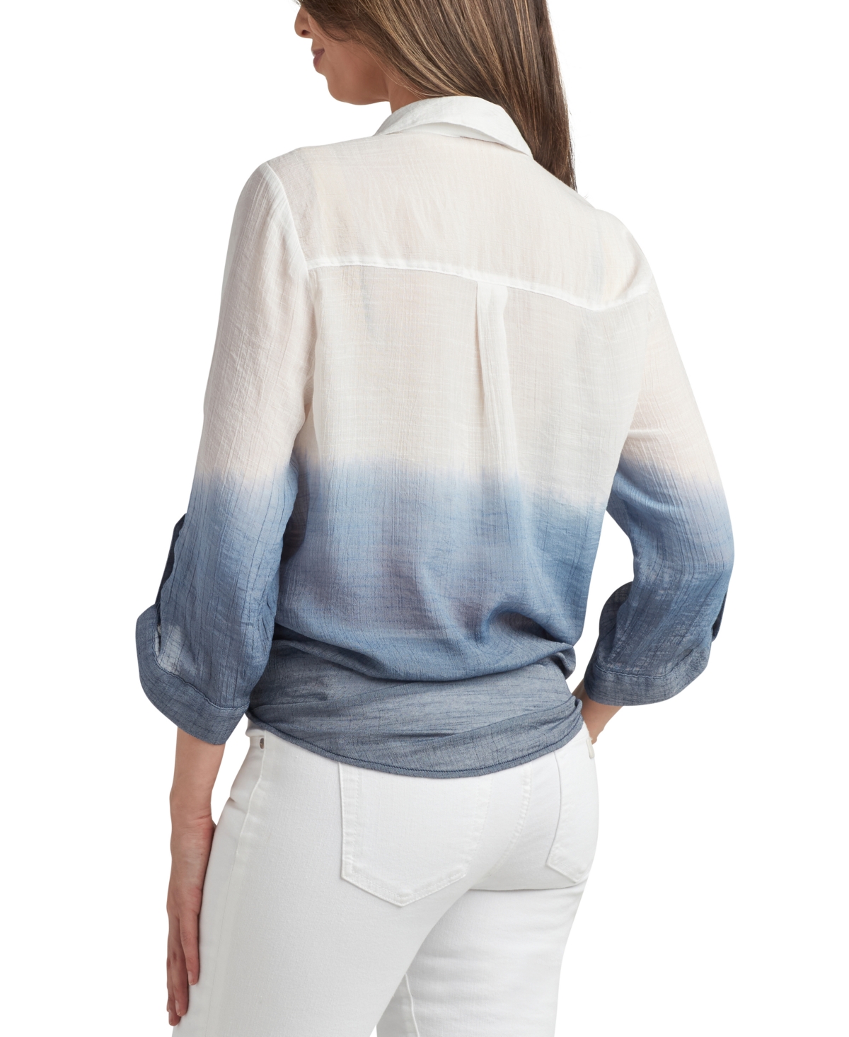 Bcx Juniors' Dip Dye Gauzy-texture Button-down Blouse In Navy