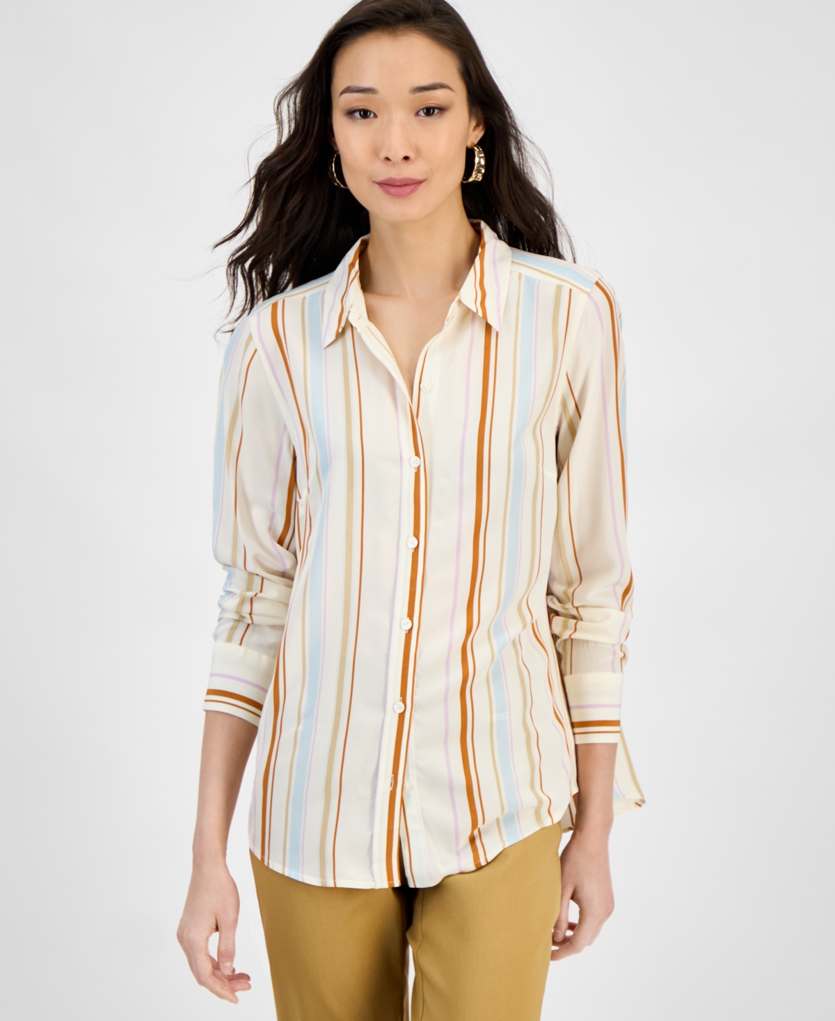 Inc International Concepts Women's Printed Long-sleeve Button-down Shirt, Exclusively At Macy's In Neutral