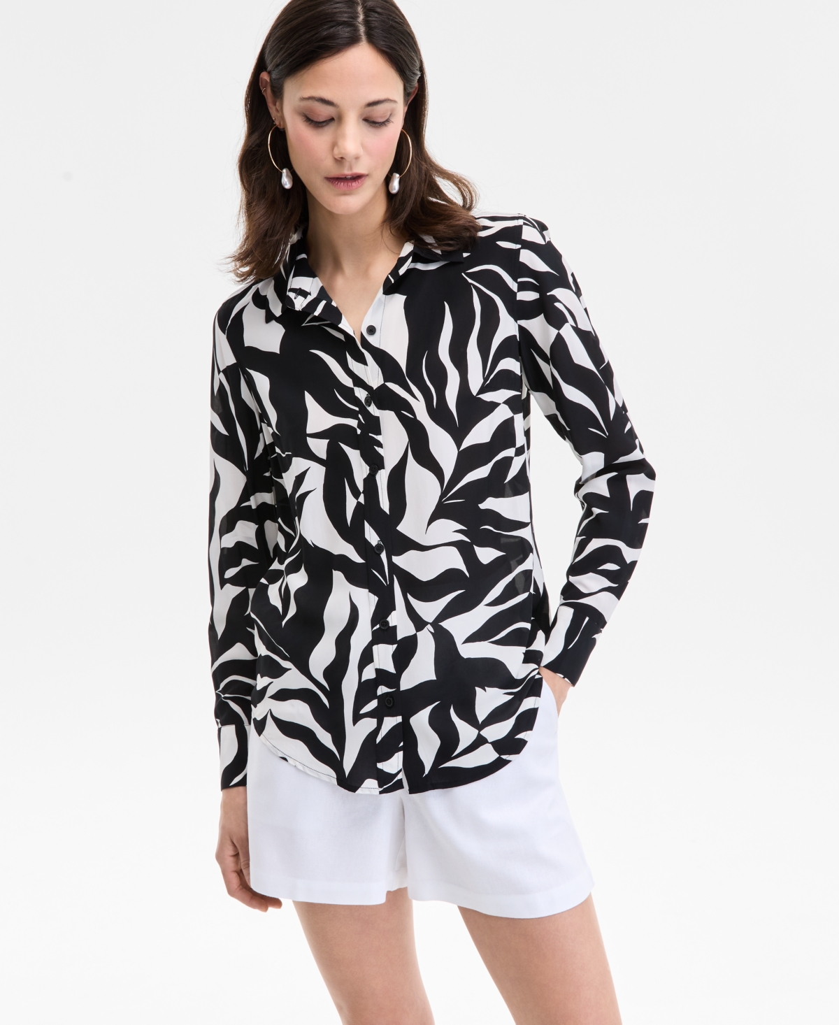 Inc International Concepts Women's Printed Long-sleeve Button-down Shirt, Exclusively At Macy's In Black