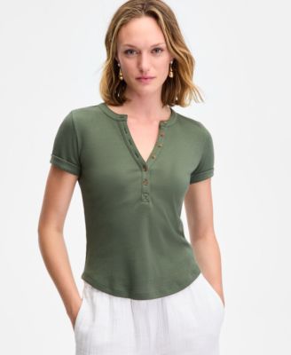On 34th - Women's Cuffed Rib-Knit Henley T-Shirt