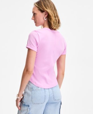 Women's Roll Cuff Rib-Knit Henley T-Shirt, Exclusively at Macy's