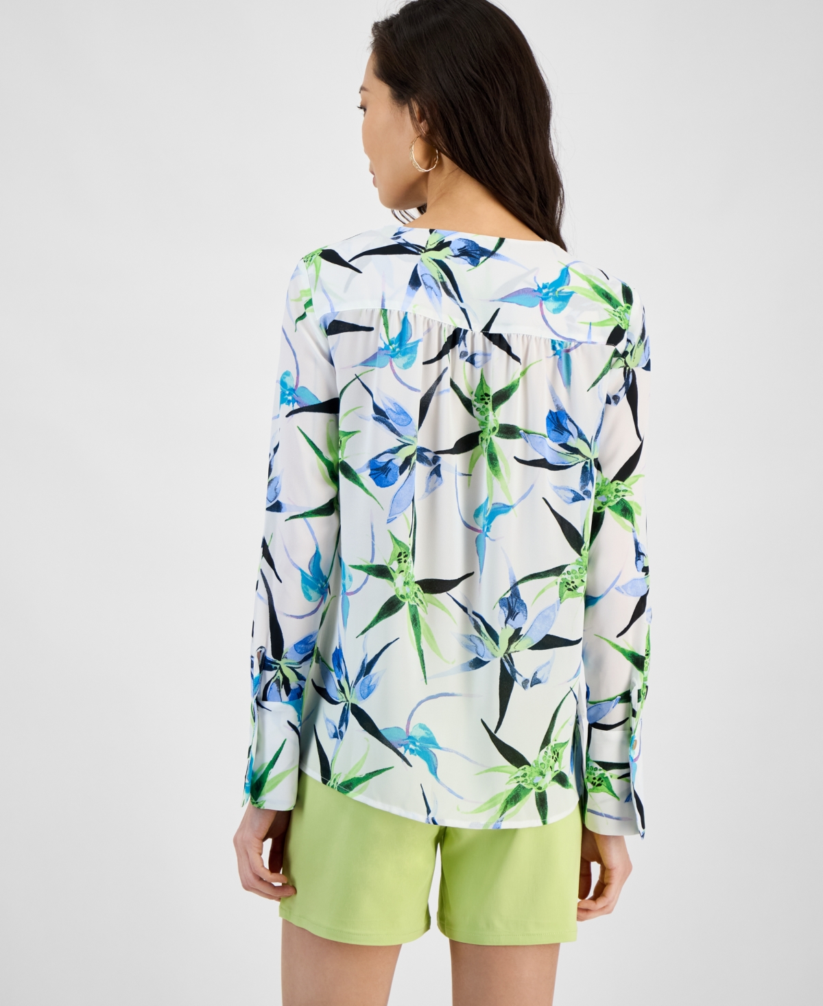 Inc International Concepts Plus Size Printed Surplice Long-sleeve Blouse, Exclusively At Macy's In Green