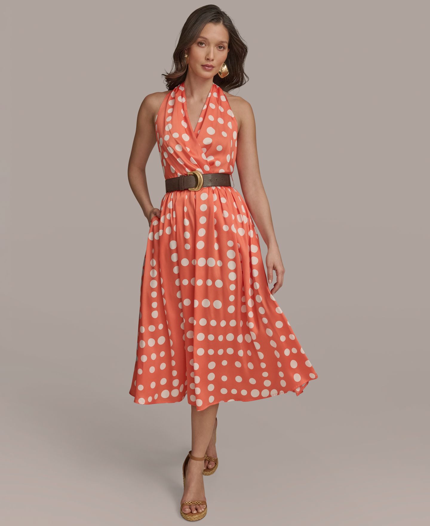 Женское платье Donna Karan New York Polka-dot Belted A-line Midi, цвет: Кремовый — фото 3