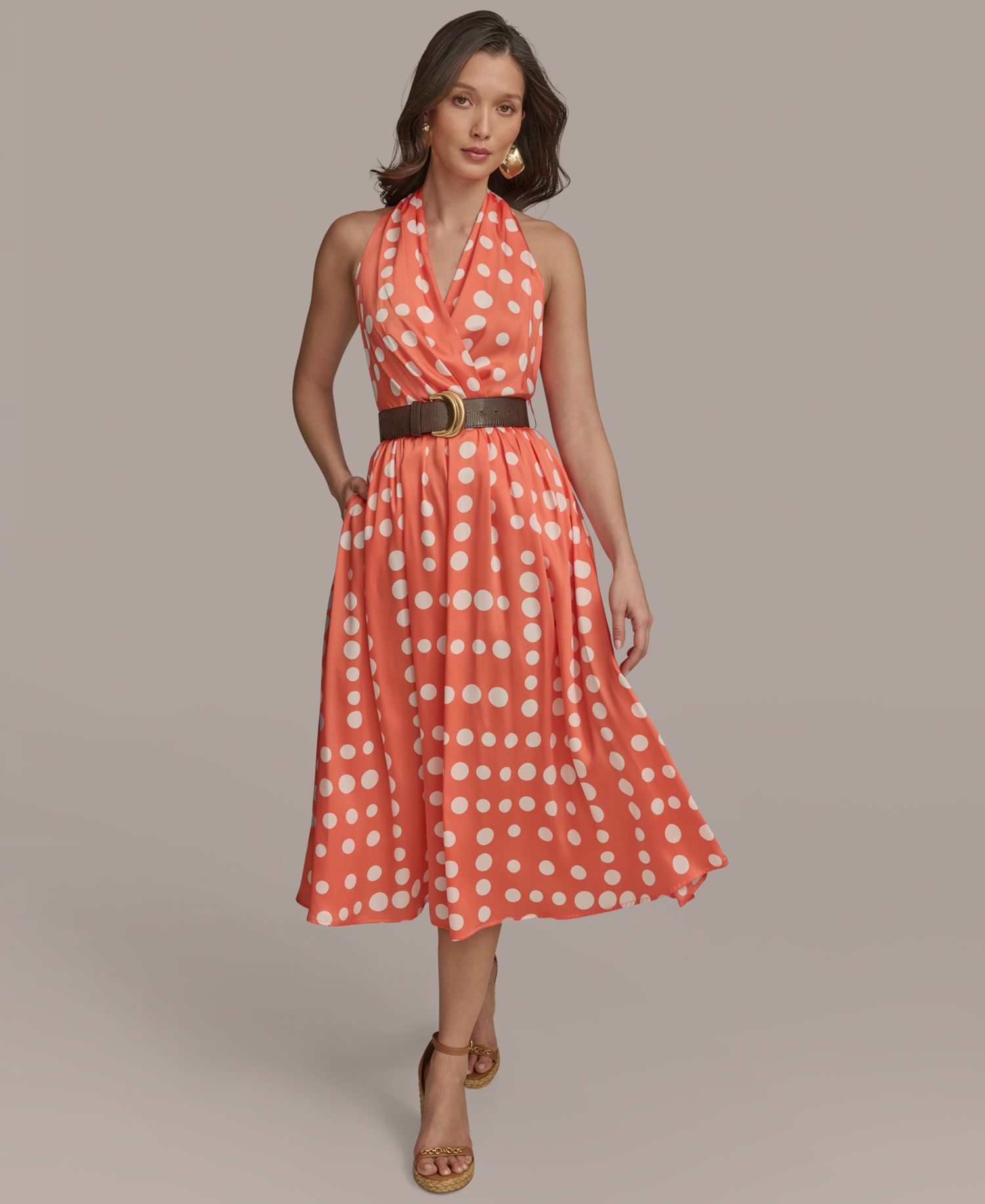 Women's Polka-dot Belted A-line Midi Dress