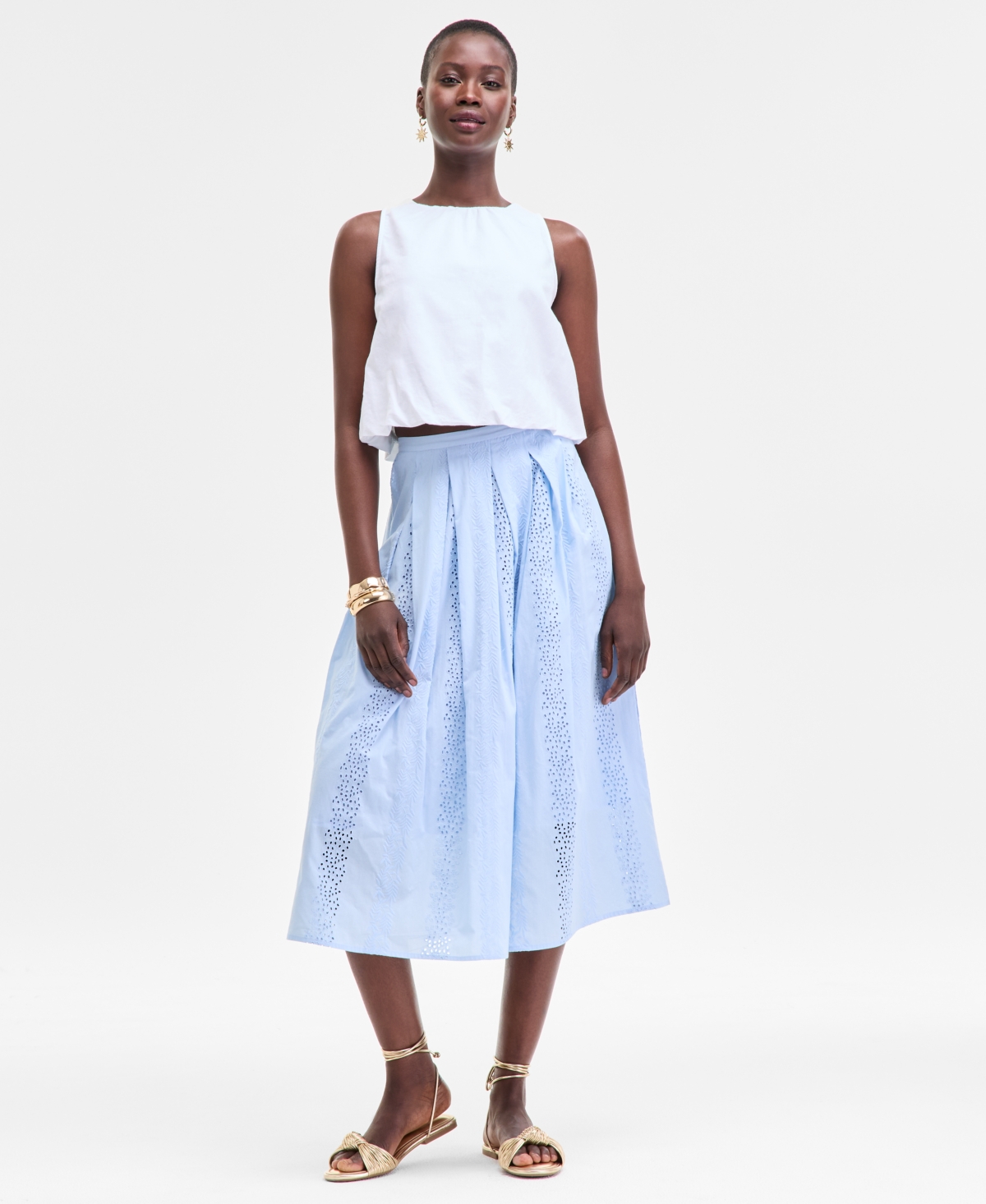 Women's Cotton Eyelet Pleated Midi Skirt, Exclusively at Macy's - Citrus Yellow