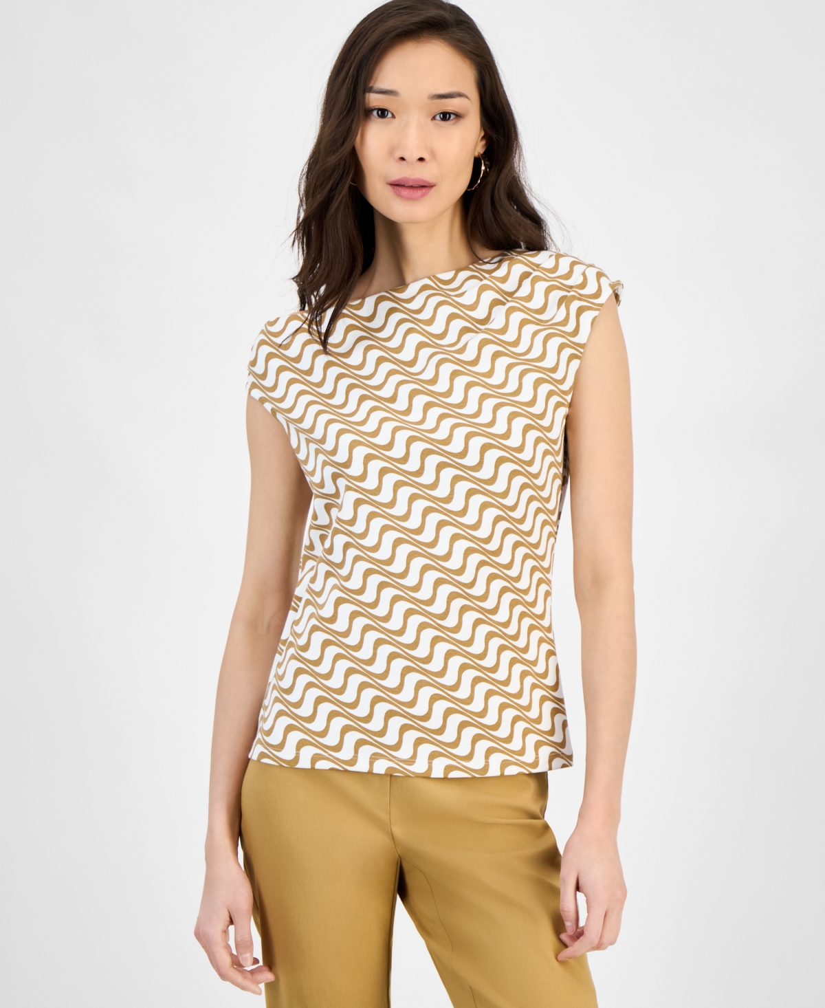 Petite Cotton Printed Off-Shoulder Top, Exclusively at Macy's - Arlo Waves Neut