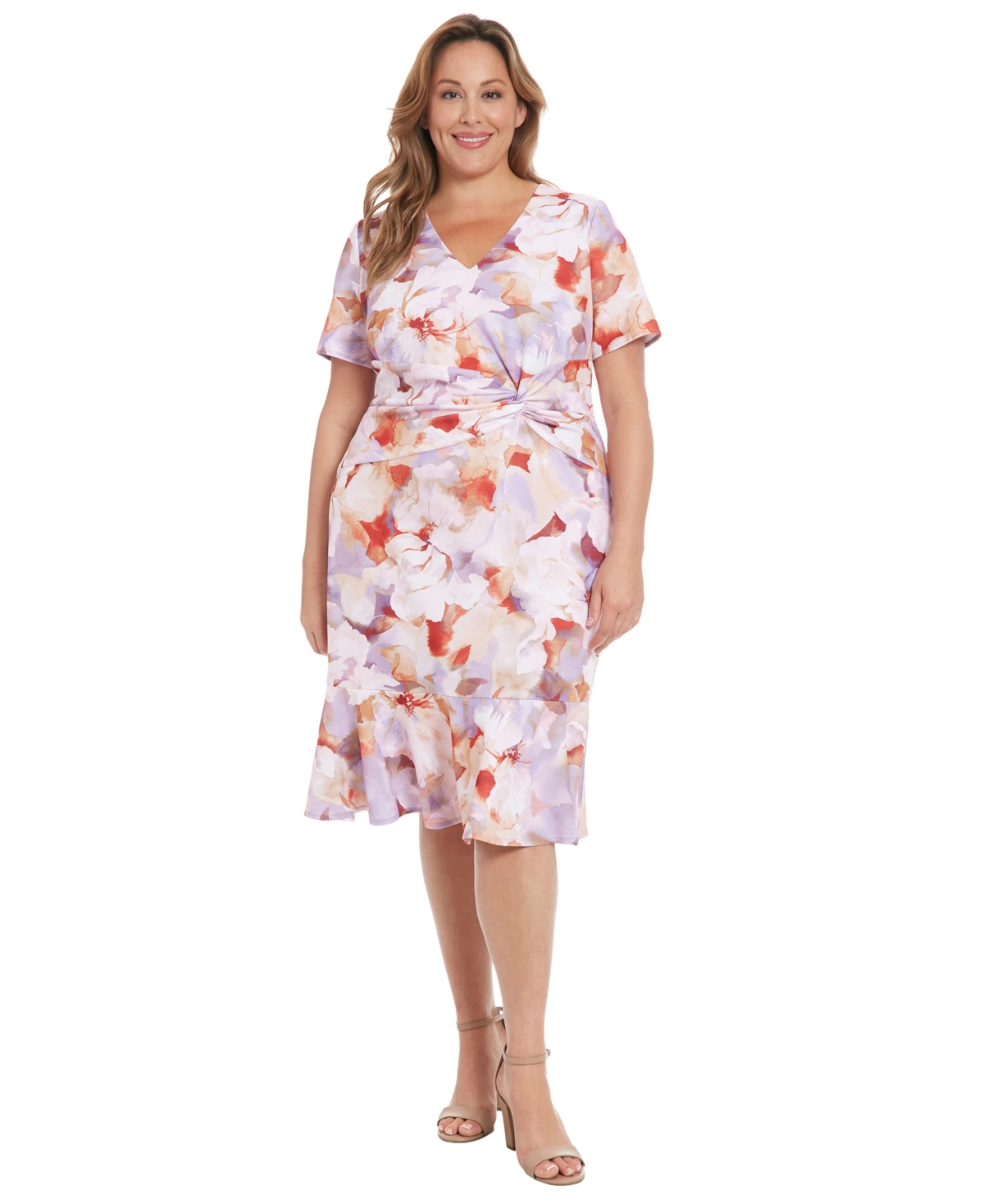 London Times Plus Size Floral-print Twist-front Midi Dress In Lavender