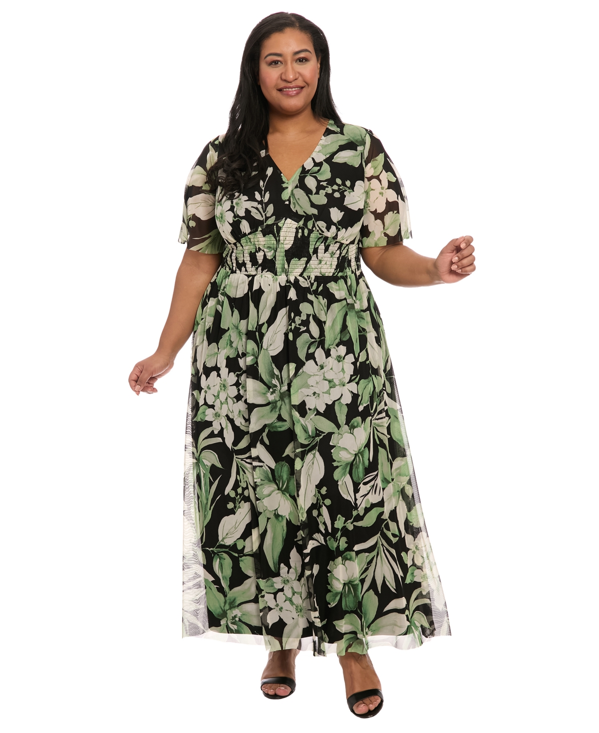 Plus Size Floral-Print Smocked Maxi Dress - Black Green