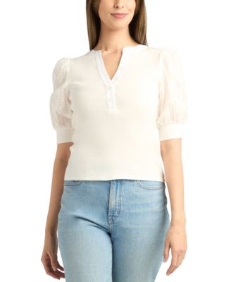 BCX - Juniors' Rib-Knit Mix-Media Eyelet-Sleeve Top
