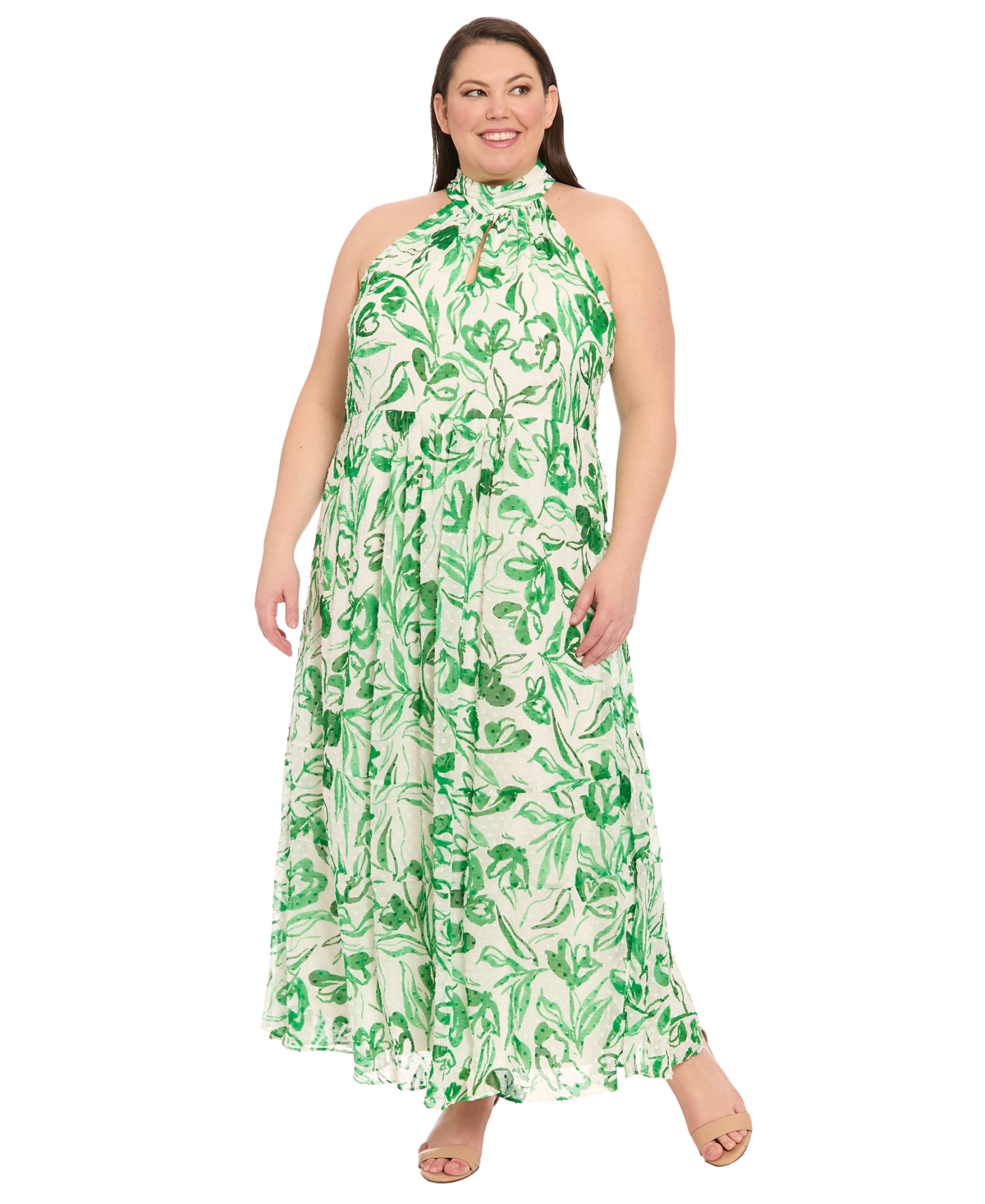 London Times Plus Size Floral-print Halter Maxi Dress
