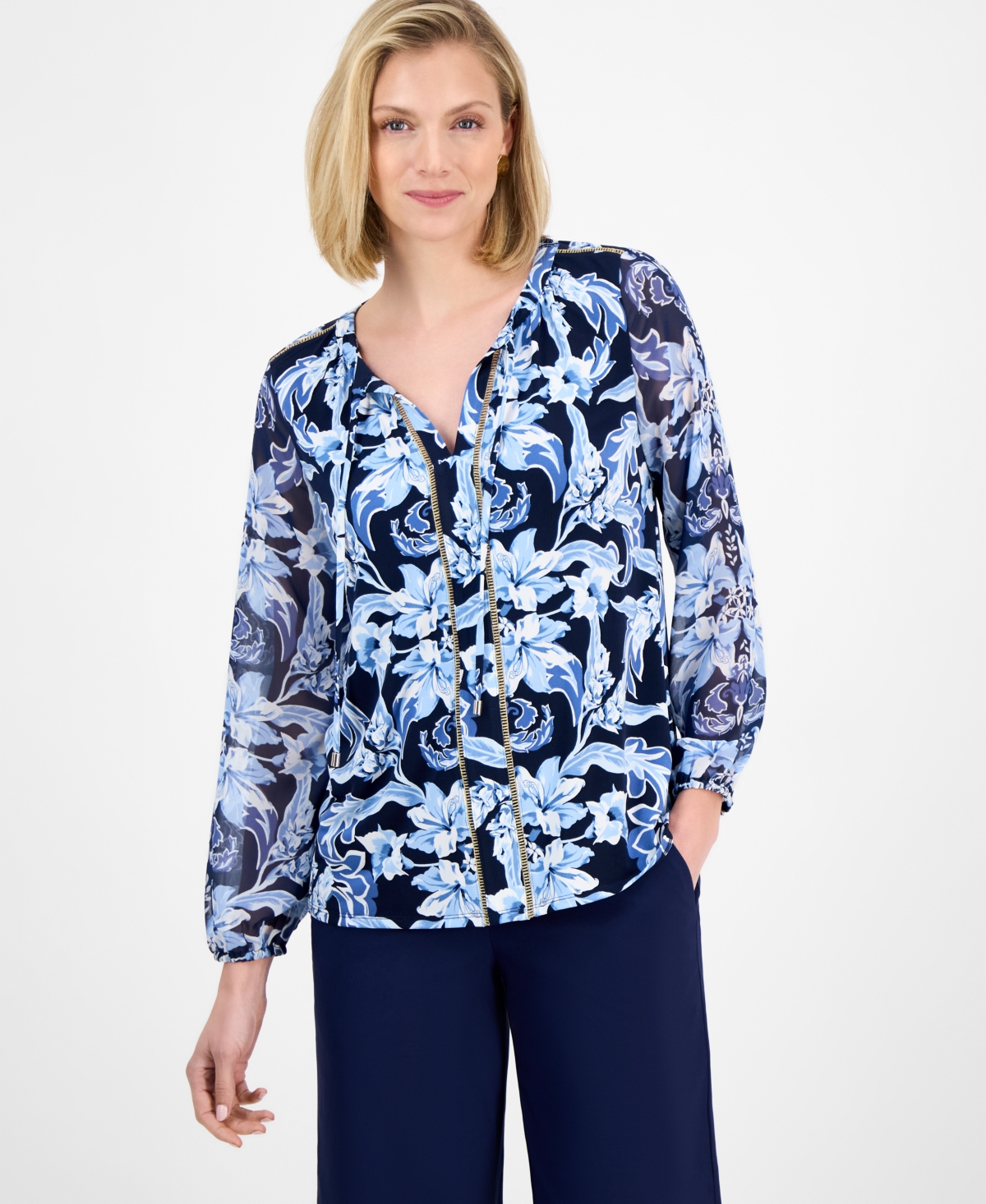 Shop Jm Collection Women's Printed Tie-neck Long-sleeve Blouse, Exclusively At Macy's