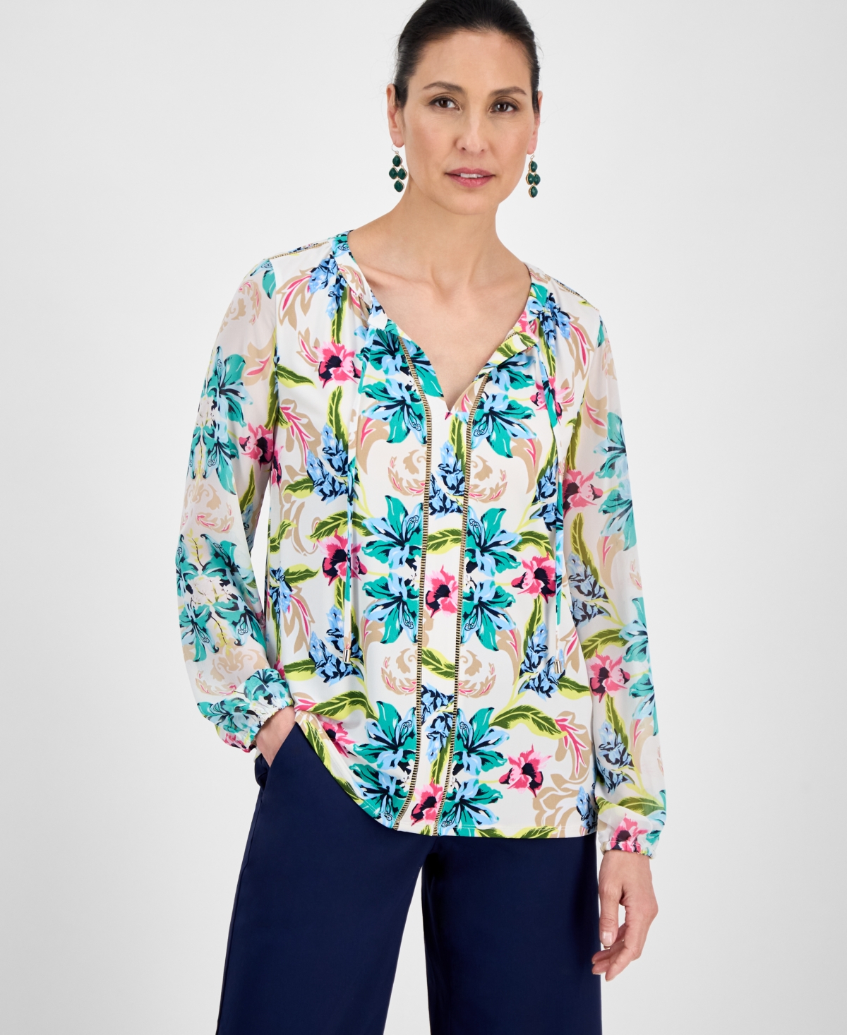 Shop Jm Collection Women's Printed Tie-neck Long-sleeve Blouse, Exclusively At Macy's