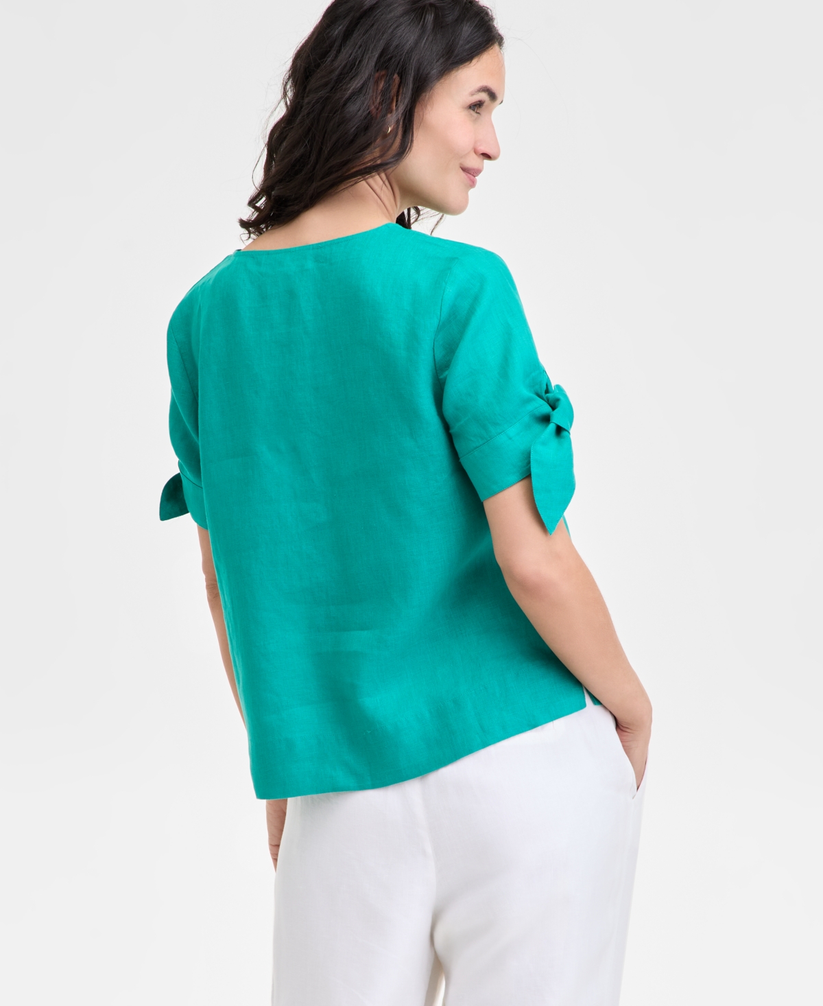 CHARTER CLUB WOMEN'S 100% LINEN SPLIT-NECK TIE-CUFF TOP, CREATED FOR MACY'S 
