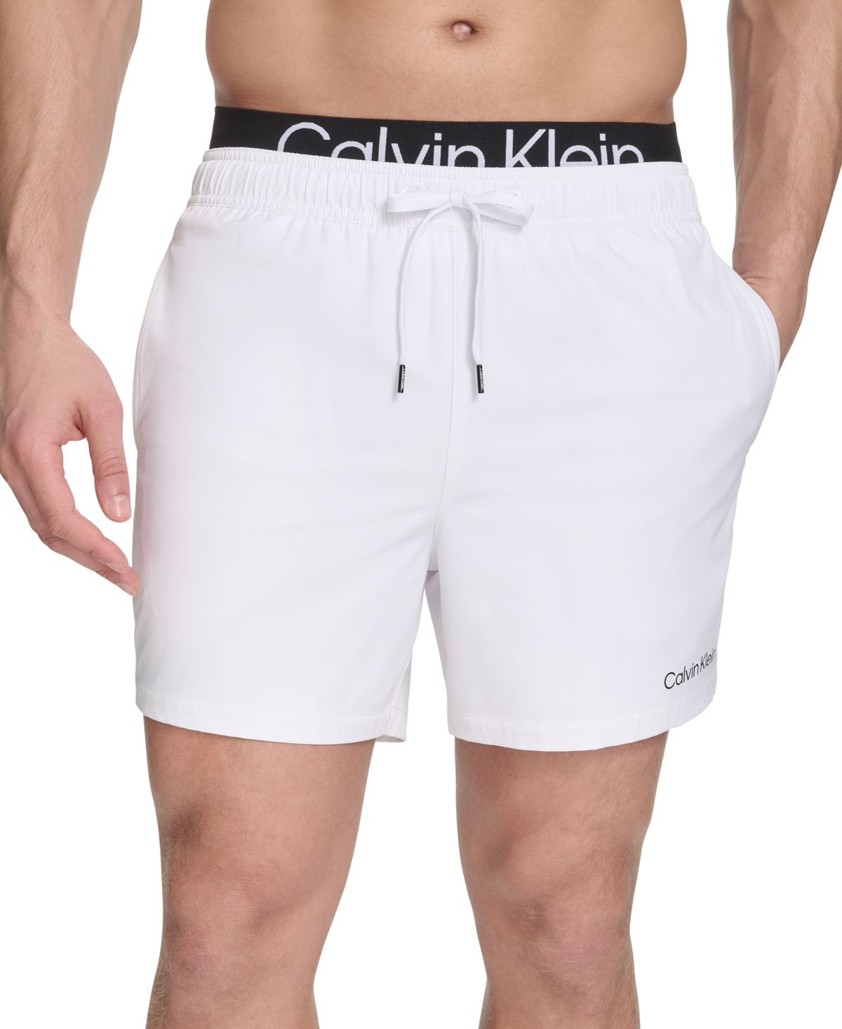 Calvin Klein Men's Logo Elastic Waist Modern Euro 5" Volley Swim Trunks In White