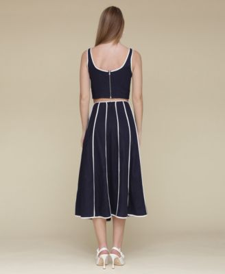 AVEC LES FILLES WOMENS CONTRAST TRIM LINEN BLEND CROP TOP CONTRAST TRIM LINEN BLEND MIDI SKIRT 