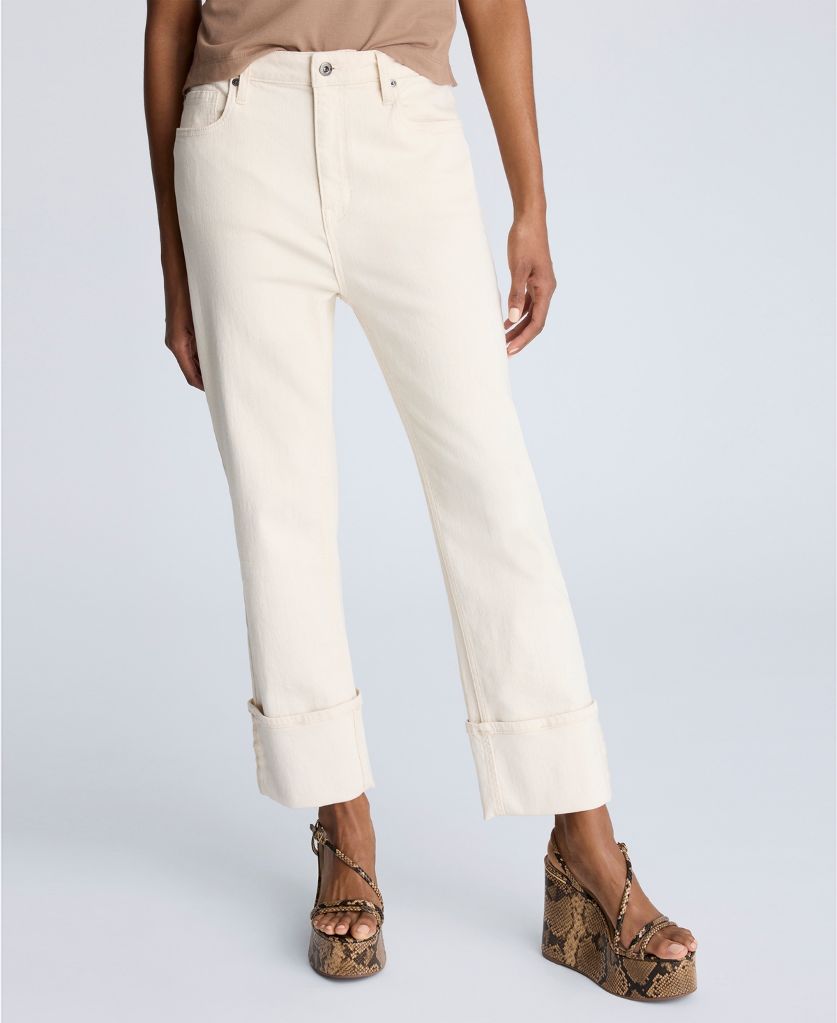 Women's High-Rise Straight-Leg Wide-Cuff Jeans - Ecru Wash