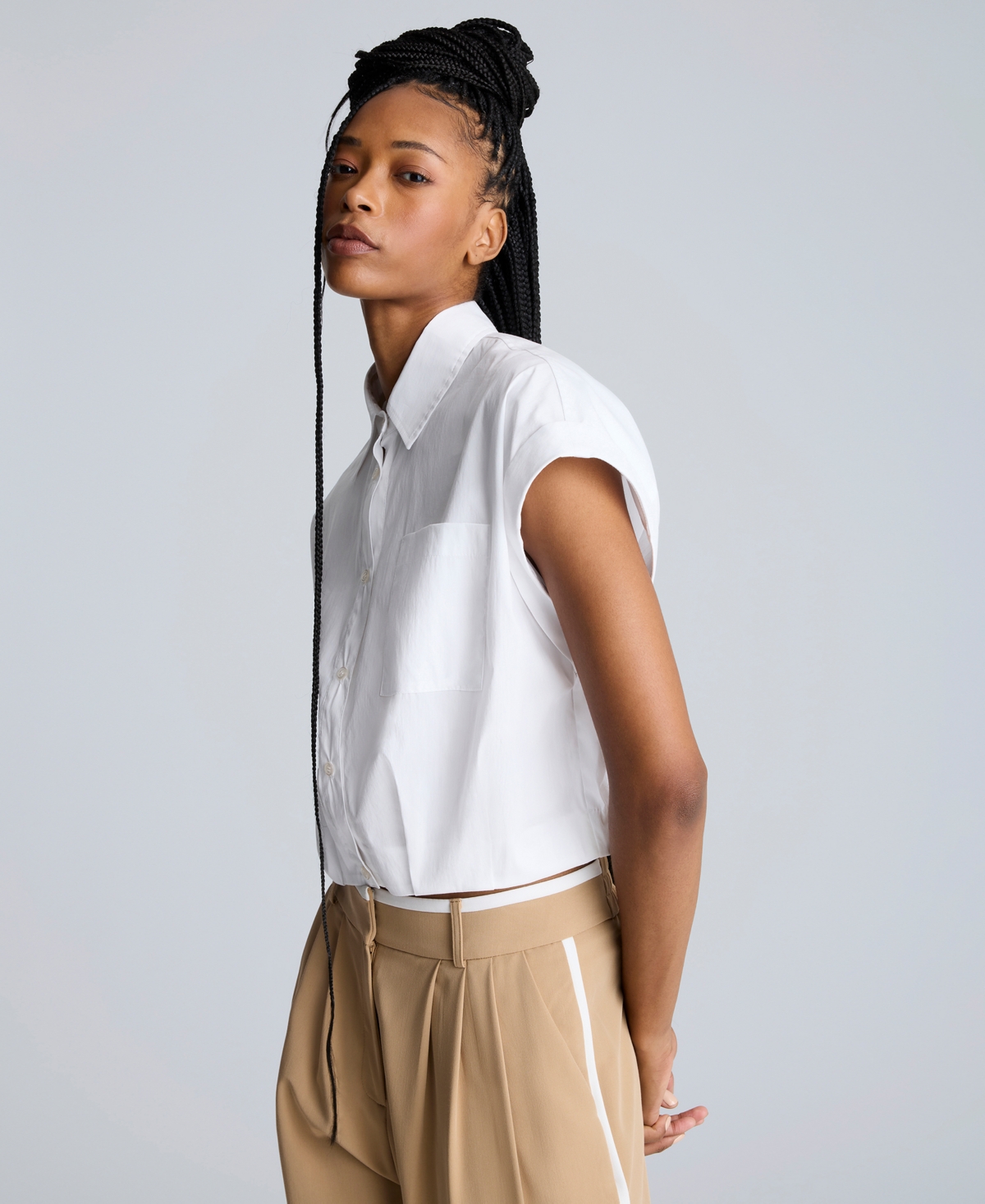 Kenneth Cole Drop Shoulder Crop Button-up Shirt In Pure White
