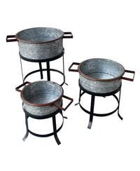 3-Piece Galvanized Metal Planter Set – Round Tub Design with Iron Stands