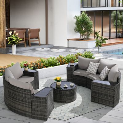 11-pc Half-Moon Patio Set, Sectional Sofa & Glass Coffee Table