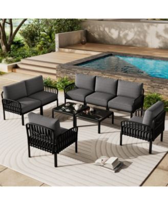Streamdale 9pc Patio Set, Modern sectional with 2 tables, waterproof cushions, black & gray