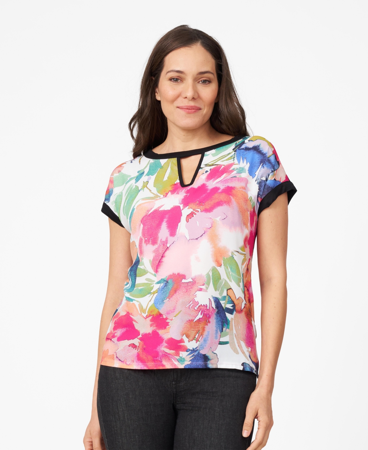 Women's Keyhole Crewneck T-Shirt - Black grey deco geo