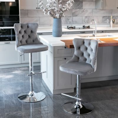 Set of 2 Adjustable Swivel Velvet Barstools with Tufted Back and Chrome Base for Kitchen Island, Home Bar & Pub