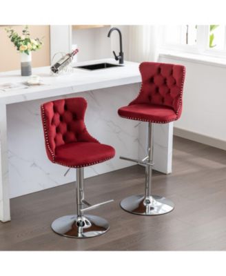 Set of 2 Adjustable Swivel Velvet Barstools with Tufted Back and Chrome Base for Kitchen Island, Home Bar & Pub