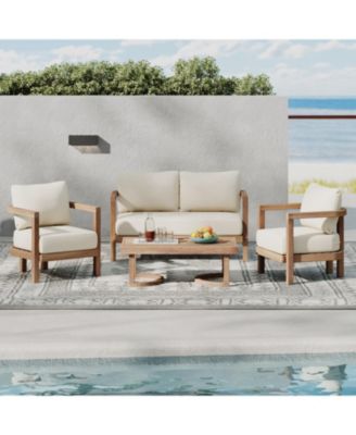 Streamdale Acacia Patio Set, 4-piece, cushions, coffee table, Brown wash/beige