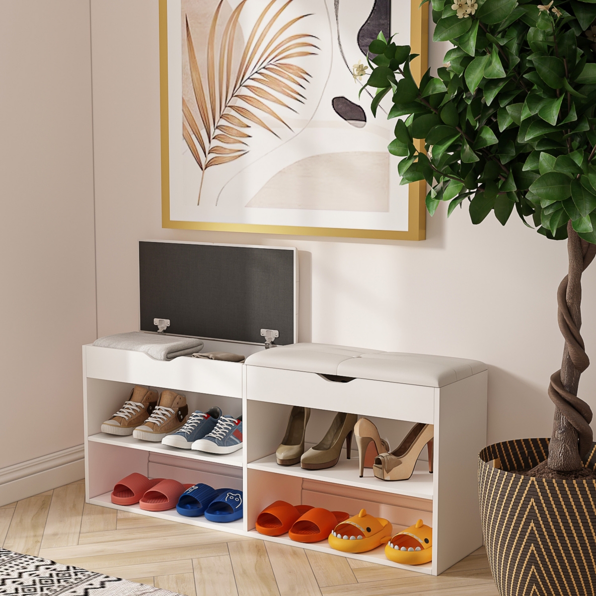 Wooden and white shoe cabinet with 2 seats, versatile and beautiful rack with six cabinets - White