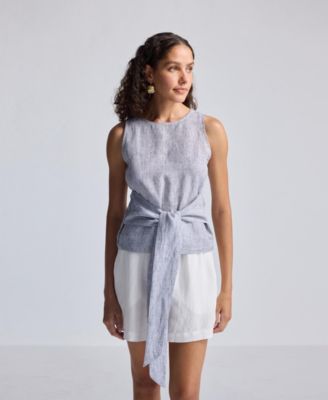 Women's Front-tie Top in Linen Stripes