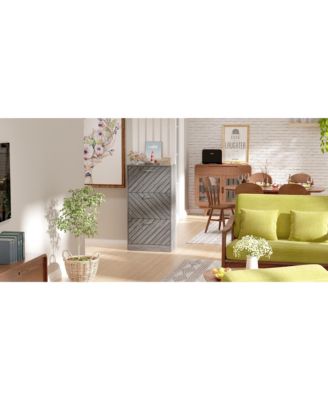 Wooden 3-door natural shoe cabinet, shutter door drawers, multi-purpose shoe rack with adjustable shelves