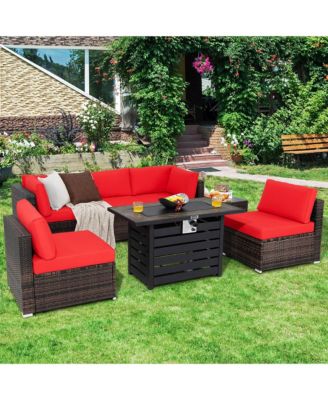 7PCS Patio Rattan Furniture Set 42'' Fire Pit Table w/ Cover Cushioned