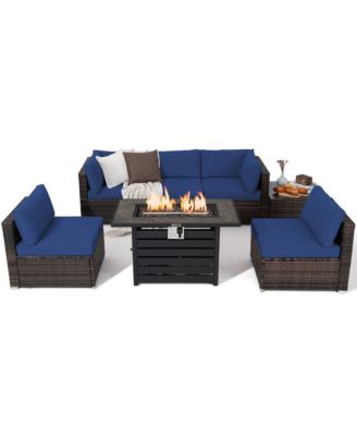 7PCS Patio Rattan Furniture Set 42'' Fire Pit Table w/ Cover Cushioned