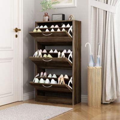 Wooden 3-Door Shoe Cabinet with Shutter Drawers and Adjustable Shelves