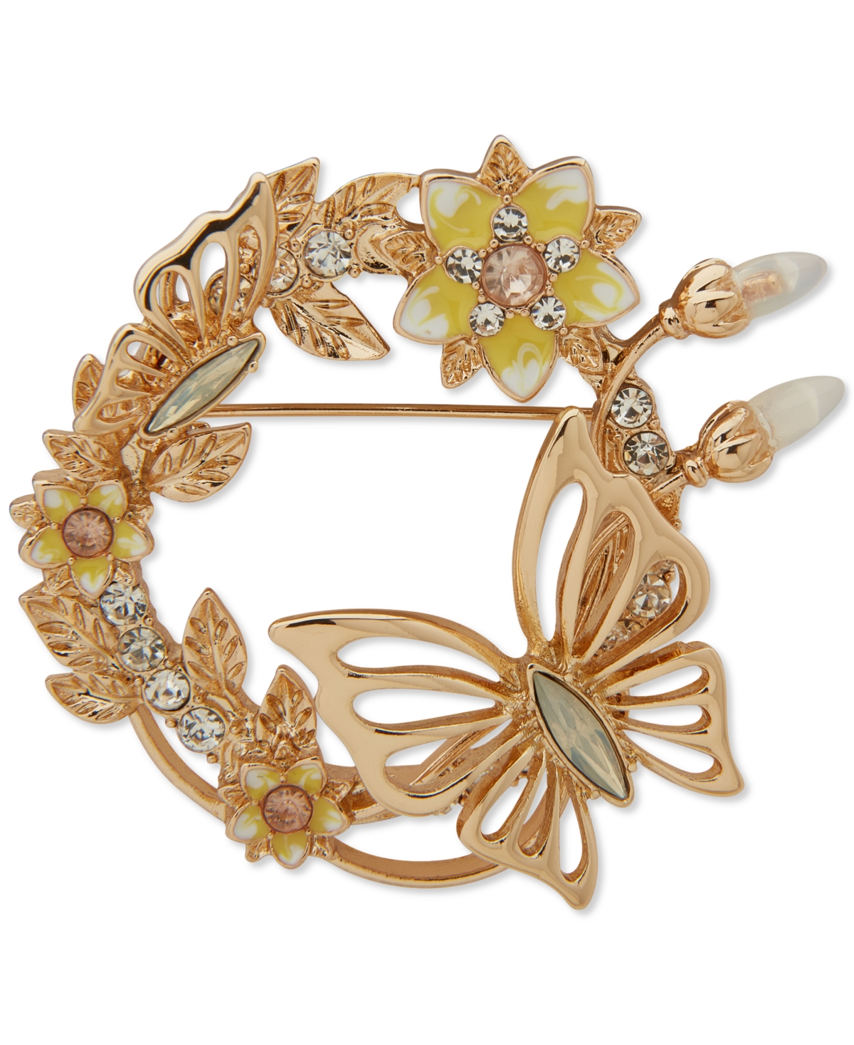Gold-Tone Mixed Stone Flower & Butterfly Wreath Pin - Crystal