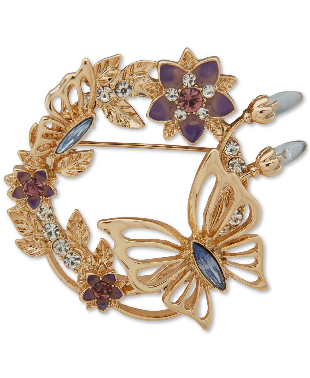 Gold-Tone Mixed Stone Flower & Butterfly Wreath Pin - Purple