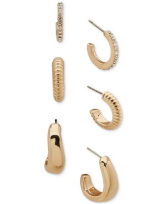 Anne Klein - Gold-Tone 3-Pc. Set Crystal, Textured, & Puffy Small Hoop Earrings