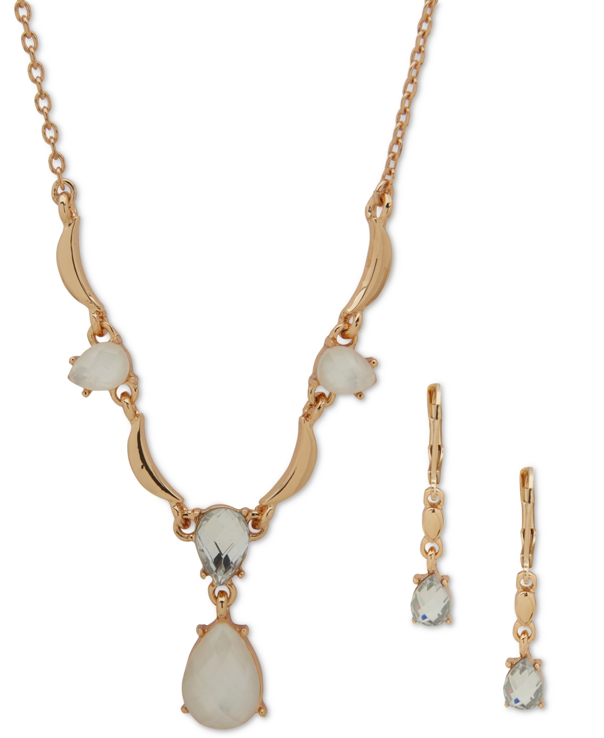 Gold-Tone Mixed Stone Lariat Necklace & Drop Earrings Set - Crystal