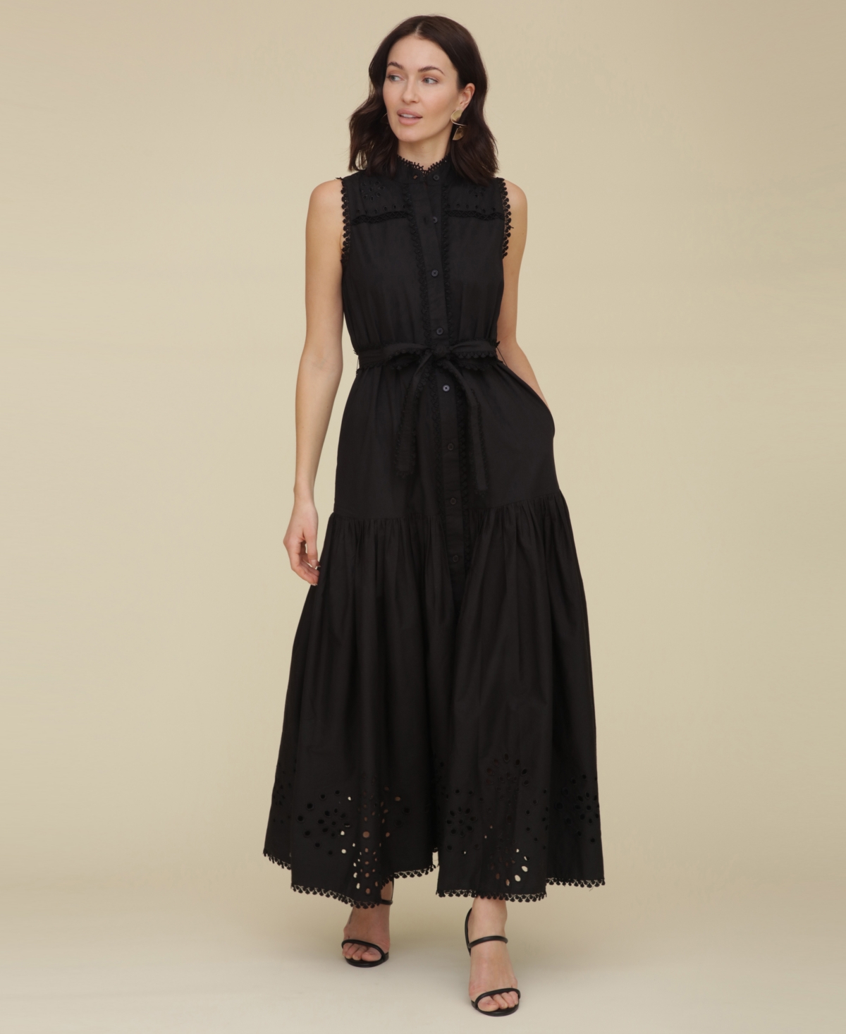 Avec Les Filles Women's Cotton Eyelet Sleeveless Maxi Dress In Black
