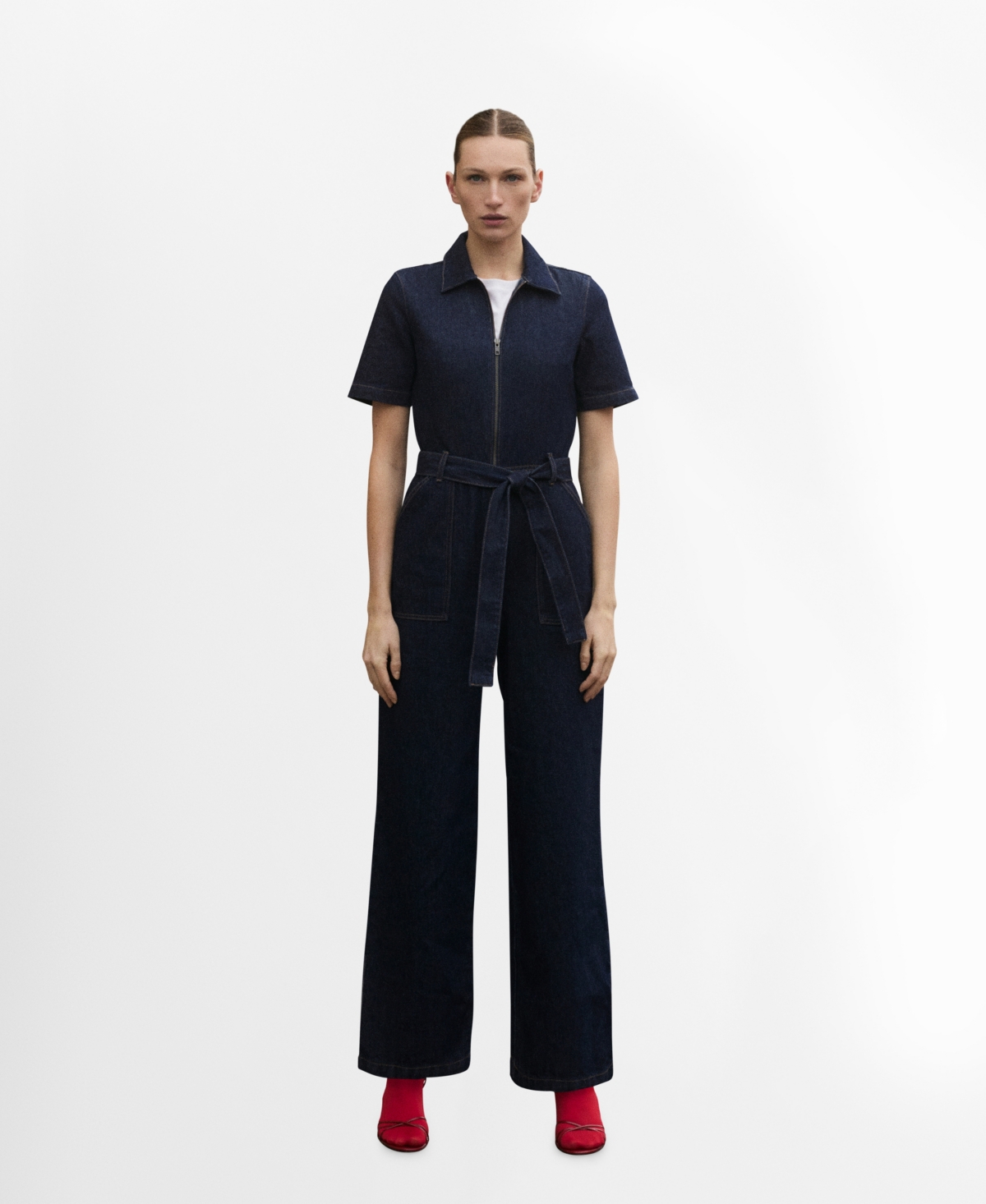Women's Short-Sleeved Denim Jumpsuit - Open Blue