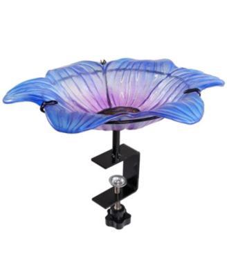 Morning Glory Deck-Mounted/Staked Glass Bird Bath - 11.5" Diameter - Blue