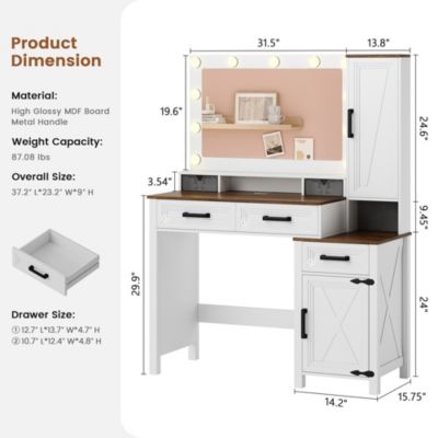 Makeup Vanity with Square Mirror, Tricolor Light & Charger