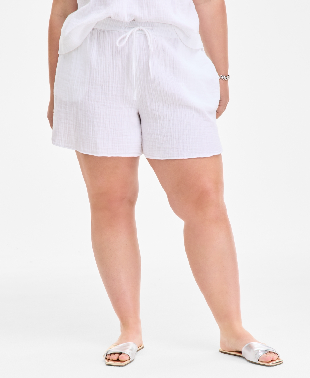 ON 34TH PLUS SIZE COTTON GAUZE DRAWSTRING CURVED SHORTS, EXCLUSIVELY AT MACY'S 