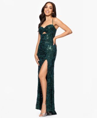 Juniors' Sequined Lace Cutout-Front Lace-Up-Back Gown