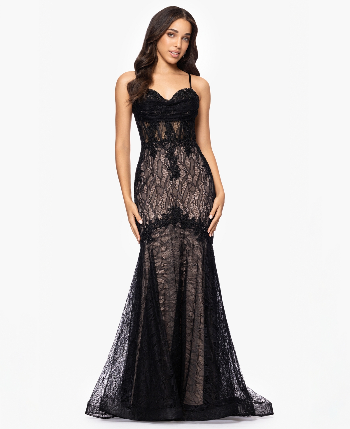 Juniors' Lace Sweetheart-Neck Lace-Up-Back Gown - Black/nude