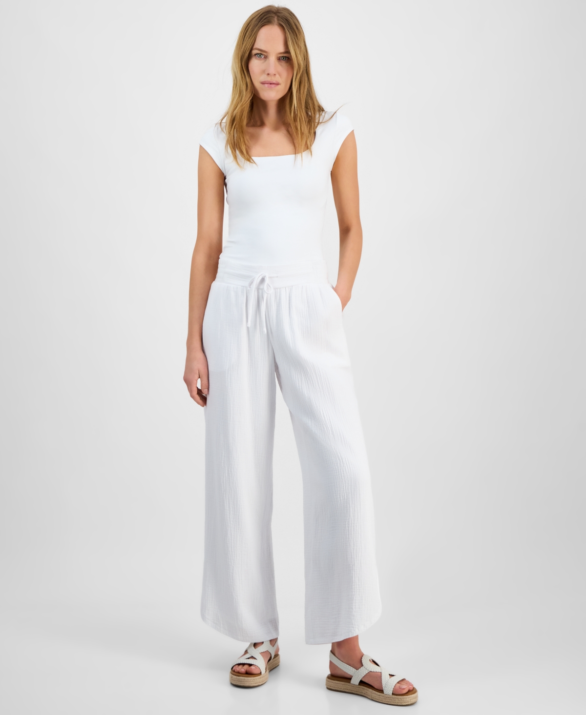 Women's Cotton Gauze Tulip-Hem Pants, Exclusively at Macy's - Bright White