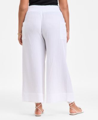 Plus Size Cotton Gauze Smocked-Waist Wide-Leg Pants, Exclusively at Macy's