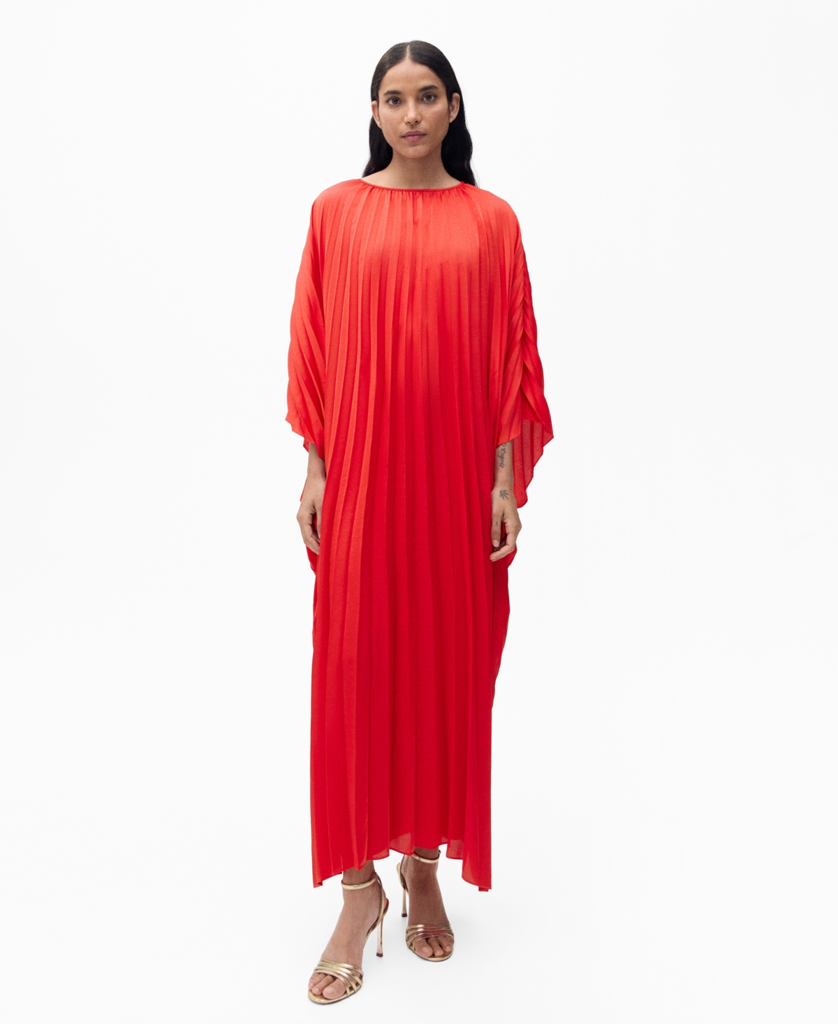 Shop Mango Women's Pleated 3-quarter Sleeve Dress In Red