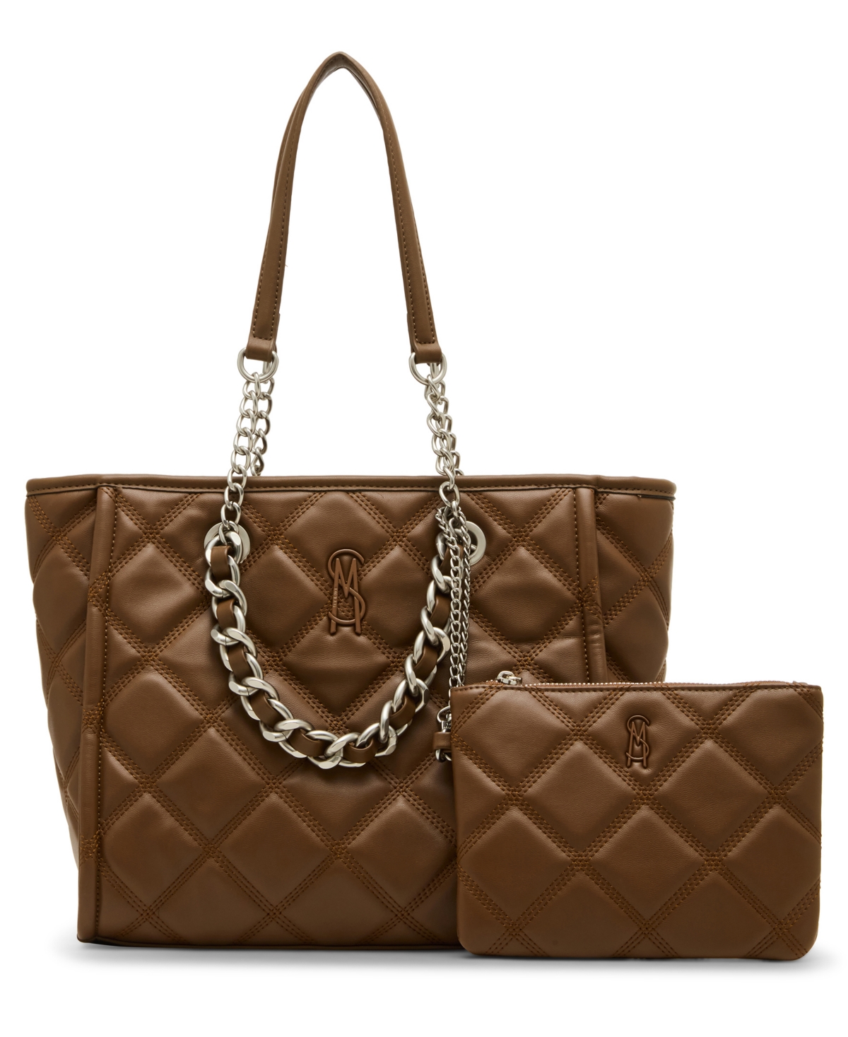Katt Faux Leather Quilted Tote with Pouch - Saddle