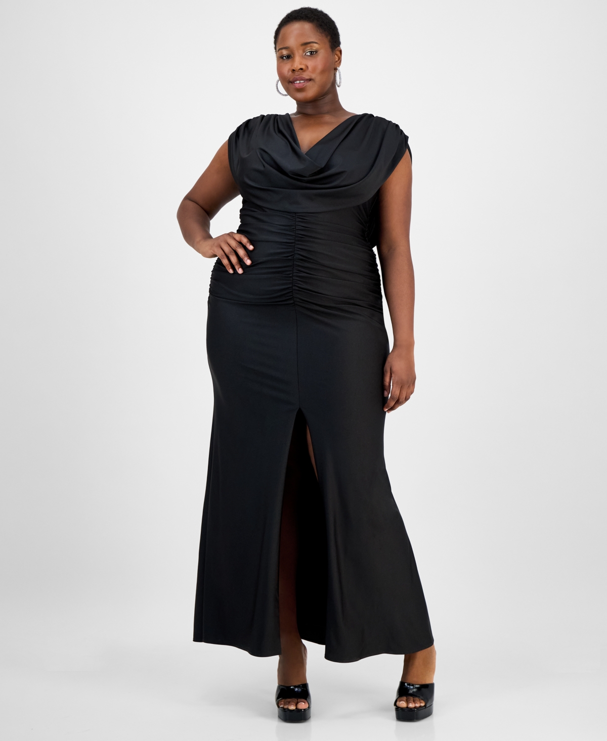 Trendy Plus Size Draped Shiny-Knit Maxi Dress - Black
